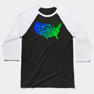 Colorful mandala art map of the United States of America in dark blue and green with cyan Baseball T-Shirt